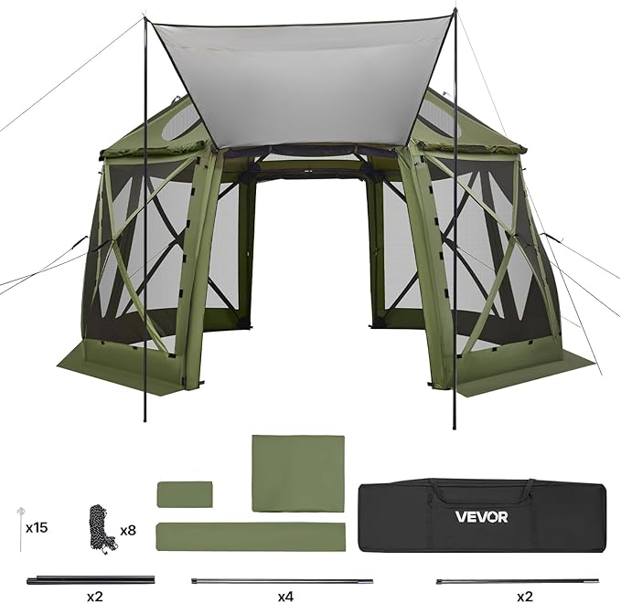 VEVOR Pop up Gazebo Screen Tent 13 x 13 ft 13-Sided Spherical Camping Canopy Tent with Removable Top &amp Carry Bag Quick-Set &amp Bite-Proof Screen House Sun Shelter for 10-12 Persons Green