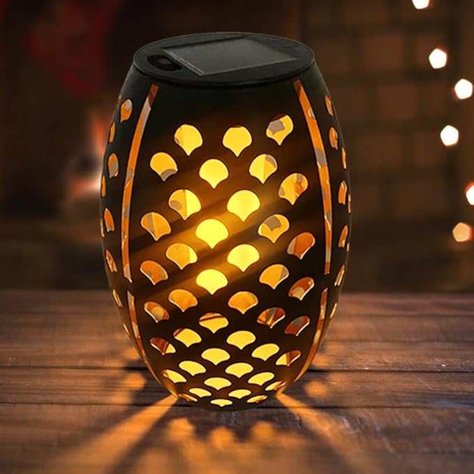 2PCS Solar Table Lanterns with Flickering Flame Light Outdoor Waterproof Metal Desktop Decorative Lamp with Hollow Design for Tabletop Garden 7.3 H Black Shell