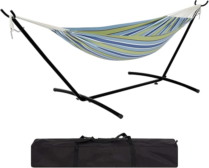 Hammock Chair Outdoor With Stand - Heavy Duty 500LB Capacity Portable Hanging Swing Chair for Patio Garden Backyard Camping - Breathable Cotton-Polyester Blend With Adjustable Steel Frame &amp Car