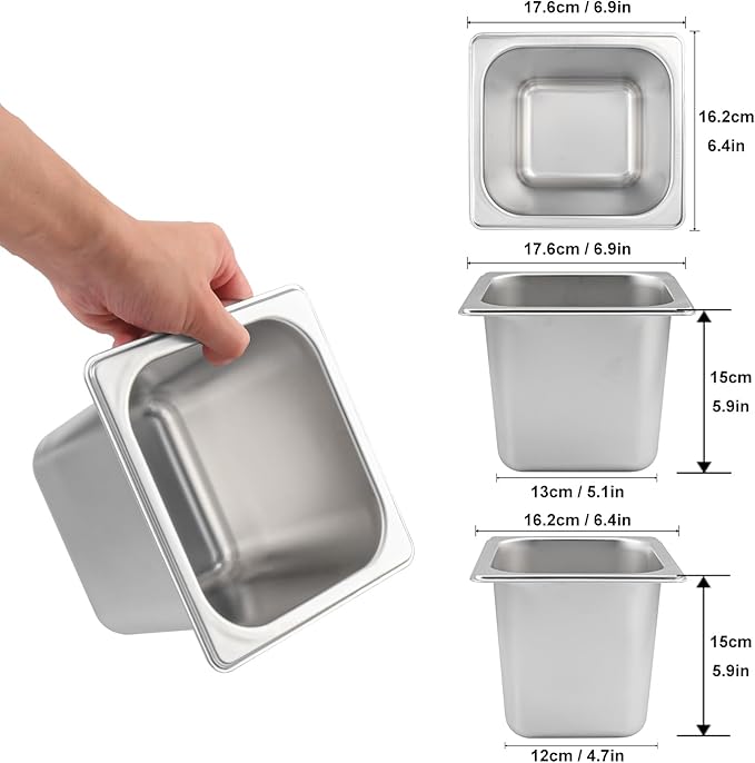 6 PCS 1/6 Size 6 Inch Deep Steam Table Pan Sixth Size Stainless Steel Hotel Pans Steam Pans for Weddings Parties Restaurants Cafeterias and Hotels