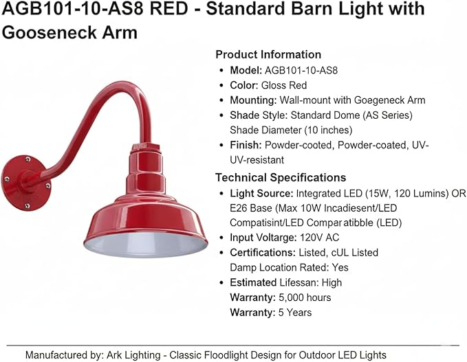 AGB101-10-AS8 RED - Standard Barn Light with Gooseneck Arm | Outdoor LED Lights Classic Floodlight Design for Barn Lights Outdoor Durable Metal Construction Energy-Efficient