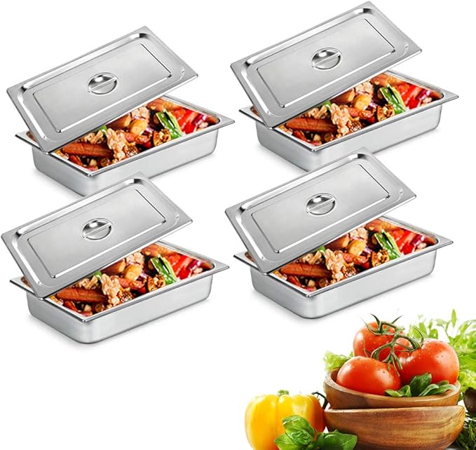 4 Pack Stainless Steel Steam Hotel Pan 20 x 12 x 4 In Deep Steam Table Pan with Lid Food Service Pan for Party Kitchen Restaurant Hotel