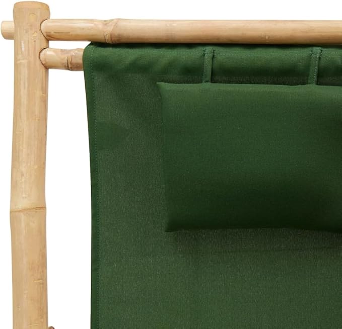 Green Bamboo Deck Chair Adjustable Recliner with Foldable Design for Patio Garden Beach Camping Sturdy Canvas Polyester Outdoor Lounge Chair for Relaxing