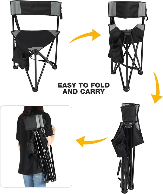 REDCAMP 2 Pack Tripod Camping Chairs Folding Lightweight Portable 3 Legged Tripod Stool Seat with Backrest Small Golf Chair Compact for Adults Fishing Hunting Black