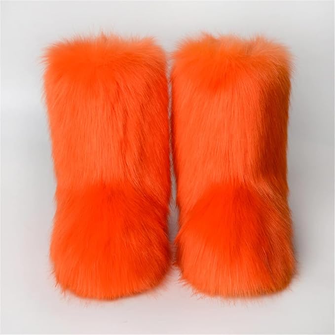 Womens Furry Faux Fur Booties Winter Warm Snow Ankle Boots Fuzzy Fluffy Furry Mid Calf Boots Outdoor Comfy Flat Shoes