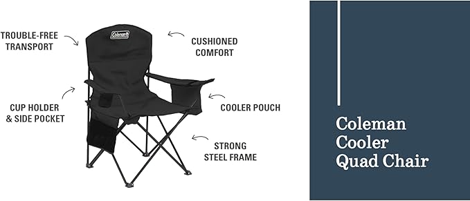Coleman Portable Camping Chair with 4-Can Cooler Cushioned Seat &amp Back with Side Pockets &amp Cup Holder Carry Bag Included Great for Camping Tailgating Firepits Patio &amp More