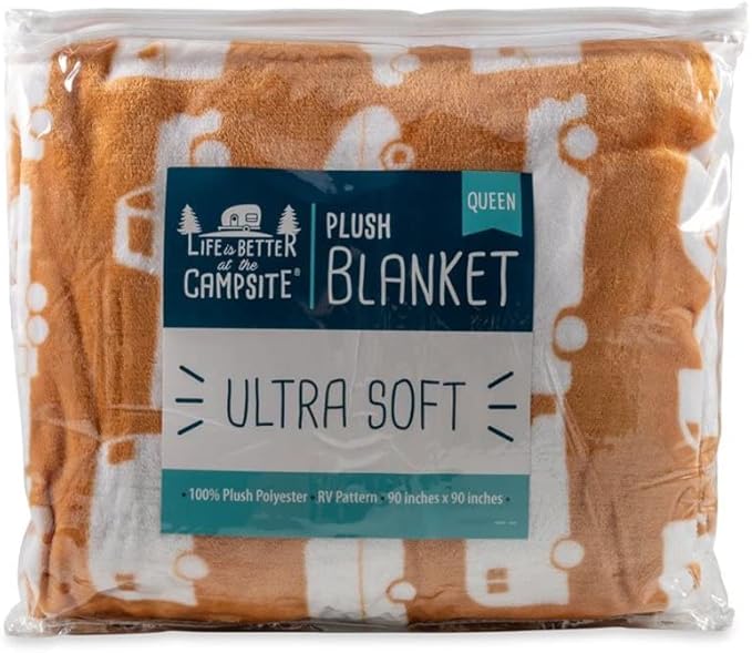 Camco 53441 Life is Better at The Campsite Plush Fleece Blanket Queen Size - Keeps You Warm While at Home Camping or on Picnics - Machine Washable - Features a Brand RV Print Autumn Gold