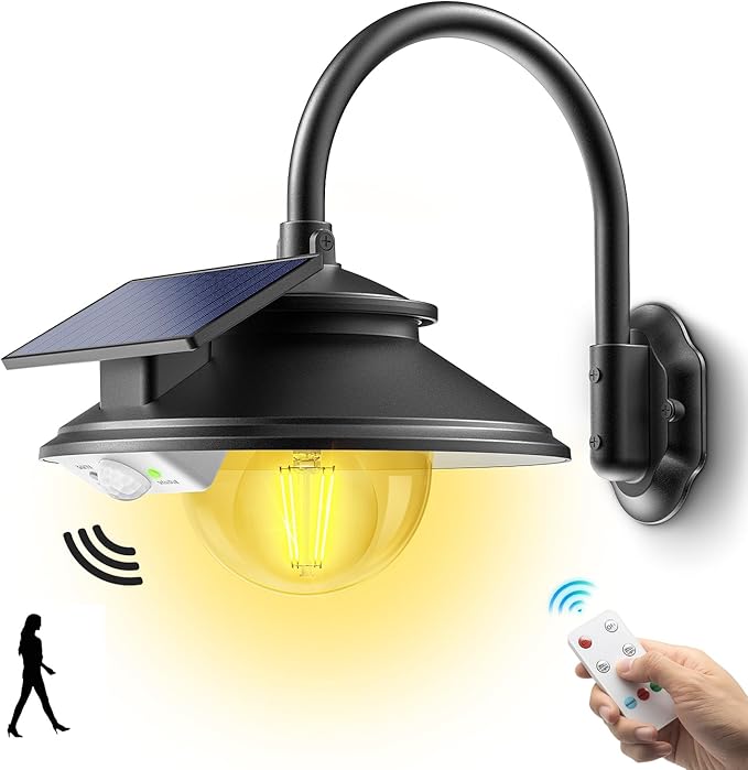 SIEDiNLAR Solar Barn Light Outdoor 3 Modes 2 Lighting Garage Shed Light Farmhouse Gooseneck Wall Light Waterproof with Remote/Motion Sensor for Barn Garage Shed Chicken Coop Porch Black (1 Pack)