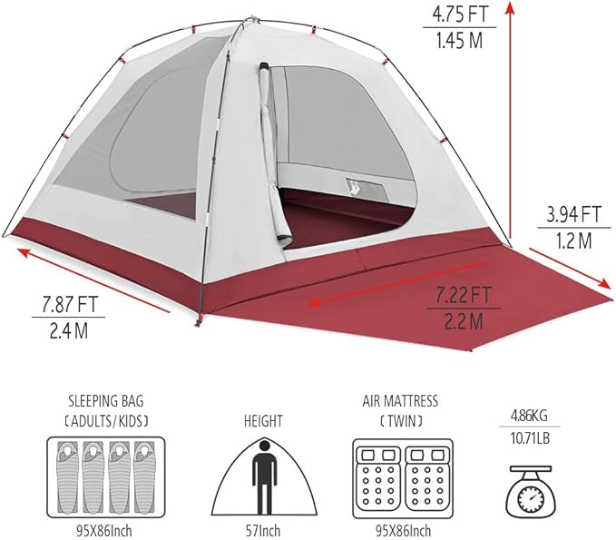 KAZOO 2／4 Person Camping Tent Outdoor Waterproof Family Large Tents 2/4 People Easy Setup Tent with Porch Double Layer | Outdoor Waterproof Family Large Tents Easy Setup
