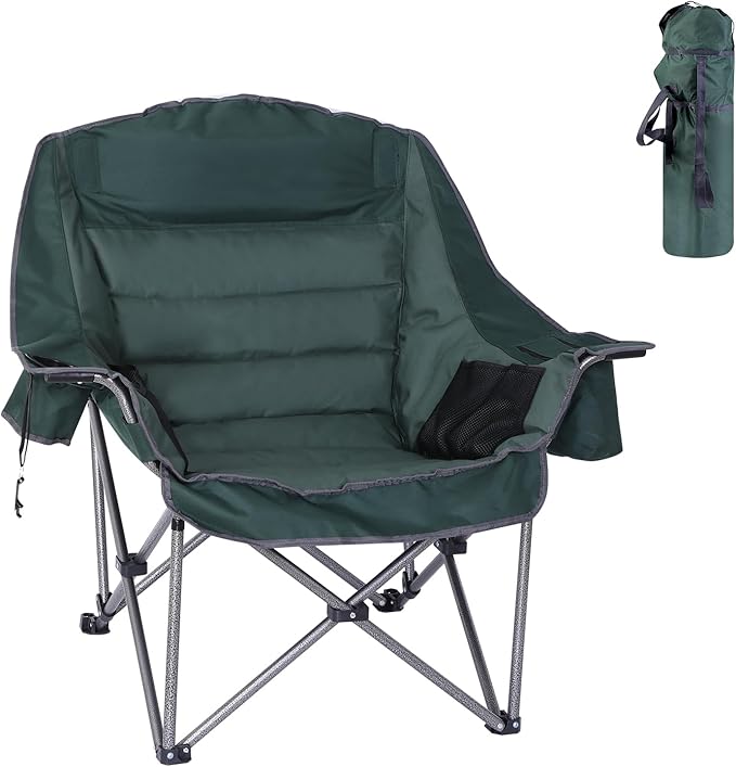 Camping Chair Padded Camping Chair Cushioned Extra Wide Lounge Patio Chair for Adults Heavy-Duty 400Lbs with Cooler Cup Holder and Carry Bag (Green 1-Pack)