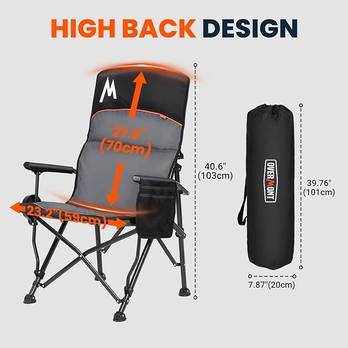 Overmont Camping Chair with Lumbar Support for Adults - Oversized with High Back Supports 450 LBS - Heavy Duty Folding Chair Portable for Outdoor Lawn Patio Balcony with Patent No.: US D1.028.543 S
