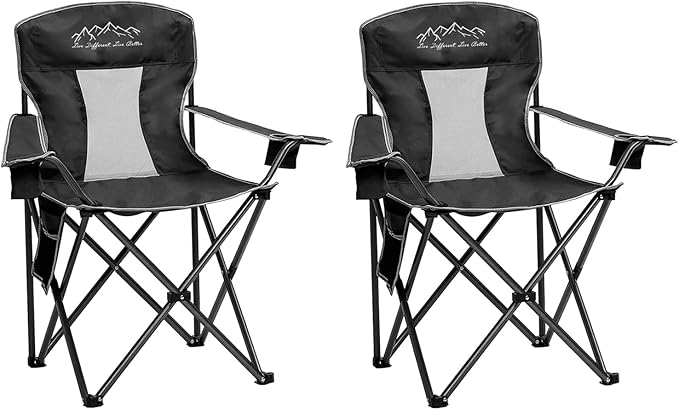 2PCS Collapsible Folding Camping Chairs Heavy Duty Lawn Foldable Chair with Cooler Bag Storage Pocket Waterproof Bag Outdoor Arm Sport Chair Supports 325LBS Black