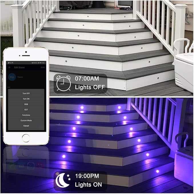 Sumaote LED Deck Lights Kit 20pcs Φ1.22 WiFi Wireless Smart Phone Control Low Voltage Recessed RGB Deck Stair Lights Waterproof Outdoor Step Yard Path Landscape Decor