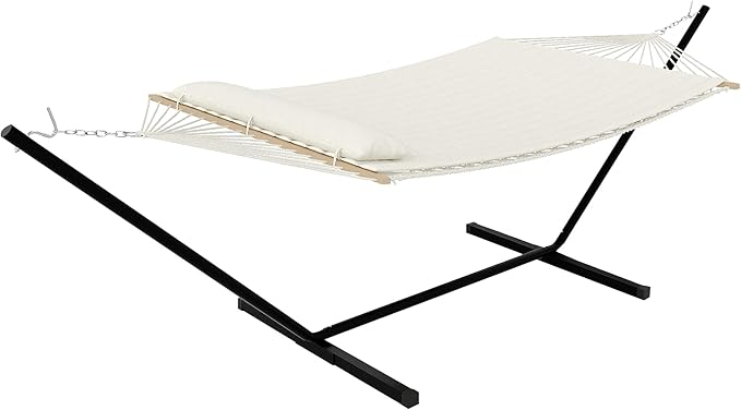 Ultra-Comfort 2-Person Hammock Set with Foldable Steel Frame – Heavy-Duty Outdoor Lounger for Garden Camping &amp Patio (450lb Capacity + Quick-Stow Carry Bag)White (Flat)