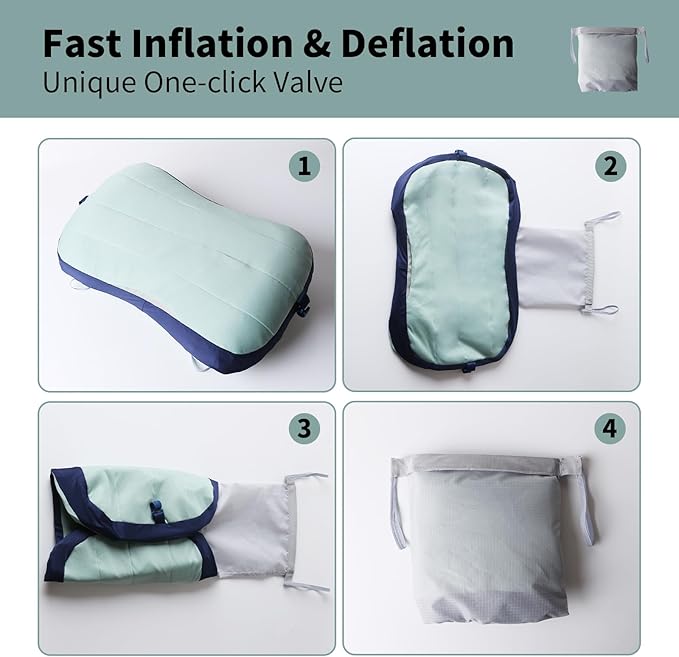 Inflatable Travel Pillow Portable Air Pillow Beach Camping Pool Pillow - Fast Inflation/Deflation Compact Neck Support (Aqua Green)