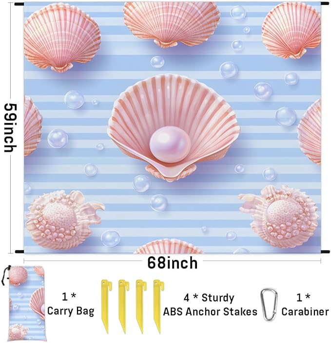Waterproof Sandproof Beach Blanket 59''×68'' Pink Scallop Decoration Polyester Outdoor Picnic Blanket with 4 Stakes &amp Storage Bag for BeachCampingVacation