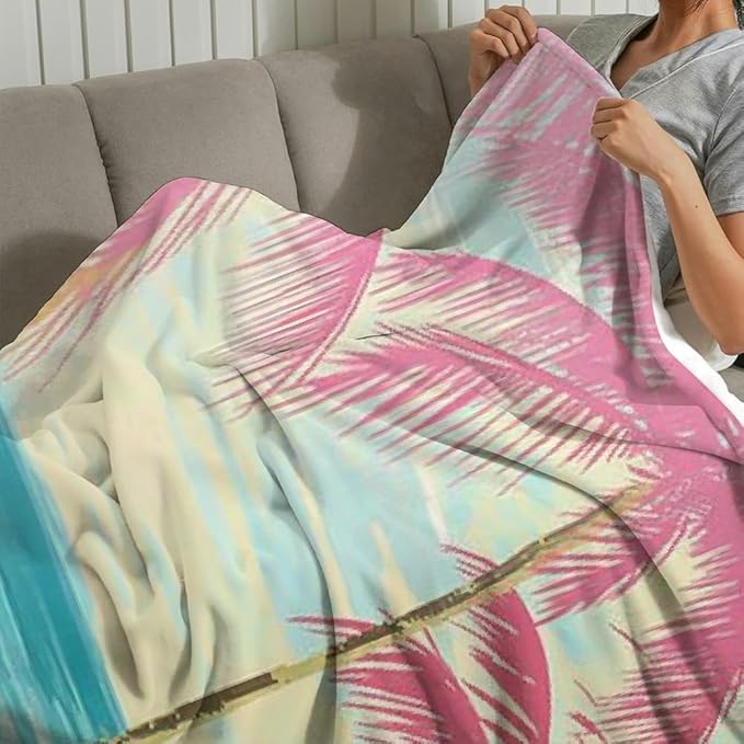 Beach Palm Trees Pink Umbrella Flannel Blanket Warm Cozy Decor Gift for Sofa Bed Camping Travel Chair All Season Multifunctional Gift Blanket 50x60in