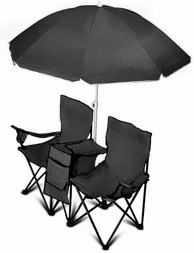 GoTEAM! Portable 2-Seat Folding Camp Chair with Cooler Umbrella &amp Cup Holders – Outdoor Picnic Beach or Tailgate Seating – Carry Case Included