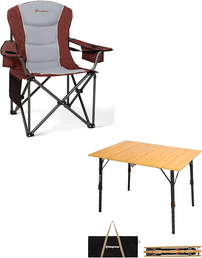KingCamp Oversized Camping Folding Chair Heavy Duty 450 LBS with Bamboo Folding Table4-Fold Portable Camping Table with Visual Adjustable Height