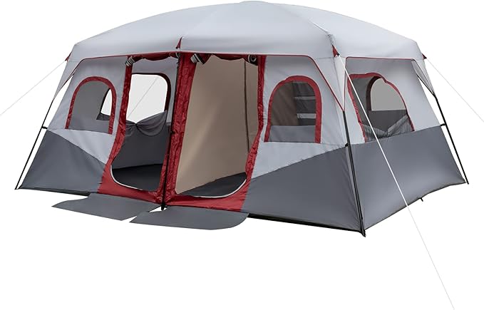 10-Person Family Cabin Tent 2-Room 405×305×200cm Waterproof 190T PU Oxford Fabric Tent with Adjustable Ventilation for Camping Hiking (Red &amp Gray &amp White)