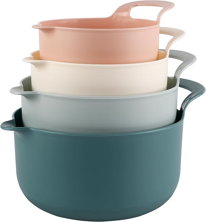 COOK WITH COLOR Nesting Plastic Mixing Bowl Set with Pour Spouts and Handles Teal and Pink 4 Piece Non-Slip