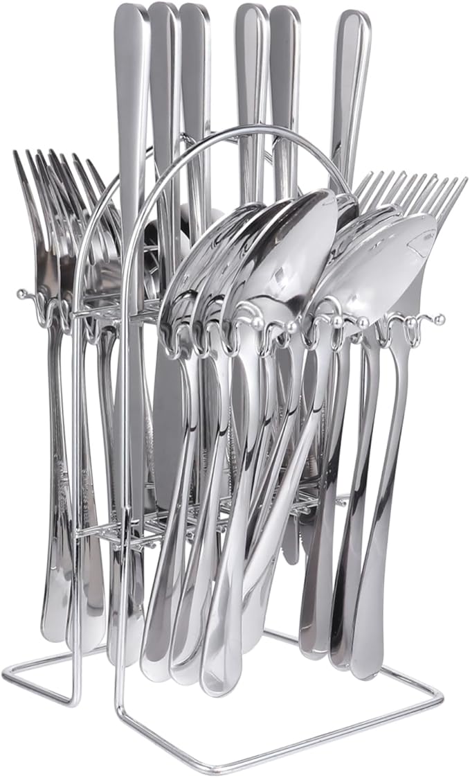PRETYZOOM 24-Piece Stainless Steel Cutlery Set Compact Tableware Forks and Spoons Dishwasher Safe for Home and Outdoor Dining