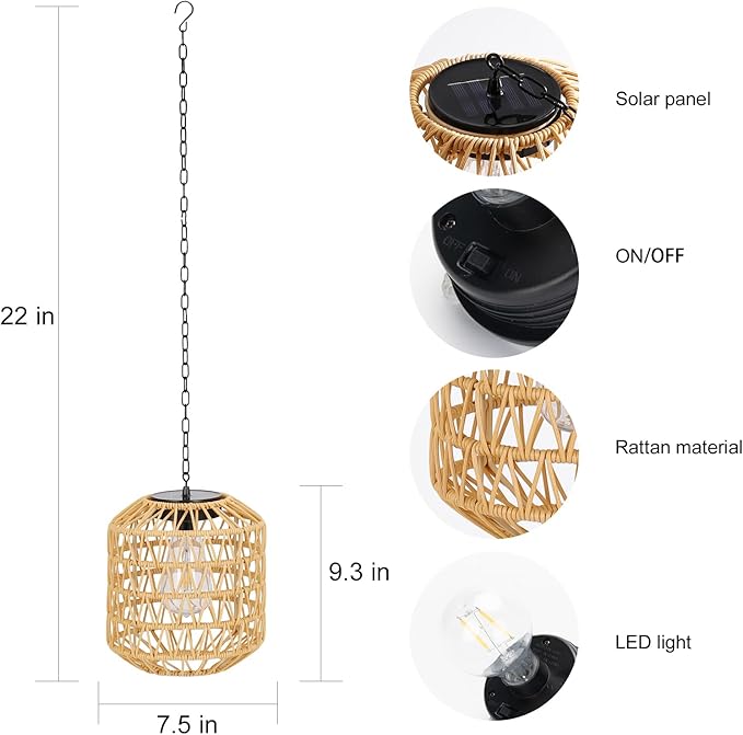 Livinlarge Solar Pendant Light OutdoorChandelier Hanging Lantern with Edison BulbBoho Solar Powered Lamps IP44 Waterproof for Gazebo Tree Porch Yard Porch Patio Garden Backyard Decorative