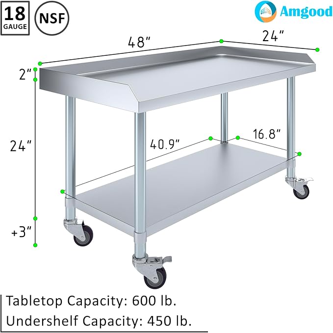 AmGood Stainless Steel Equipment Stand with Undershelf + Casters Heavy Duty Commercial Grade NSF Certified (24 Width x 48 Length + Casters)