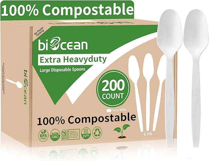 Extra Heavyduty Compostable Spoons [200 Count6.7In] Disposable Cutlery No Plastic Spoons Large Biodegradable Utensils Eco Friendly Silverware Serving Flatware for PartyDaily UsePicnic