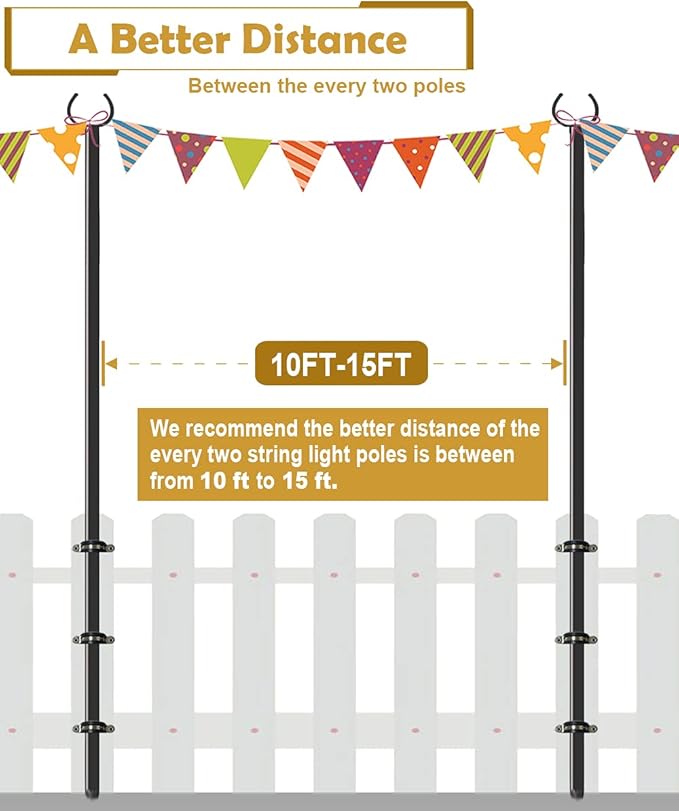 10 FT Outdoor String Light Pole Stand for Deck Fence or Patio Railing Adjustable Globe Patio Light Post for Hanging Outside Decorate Lighting 2 Packs