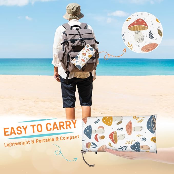 Waterproof Sandproof Beach Blanket 59''×68'' Autumn Mushroom Polyester Outdoor Picnic Blanket with 4 Stakes &amp Storage Bag for BeachCampingVacation White