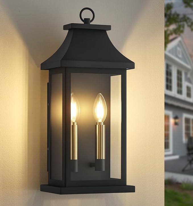 tewei 2-Light Black Outdoor Light Fixture Porch Light Outdoor Wall Sconce Lantern 18'' Exterior Lighting Fixture Wall Mount E12 Gold Base Outside Light for House Backyard Garage 1-Pack
