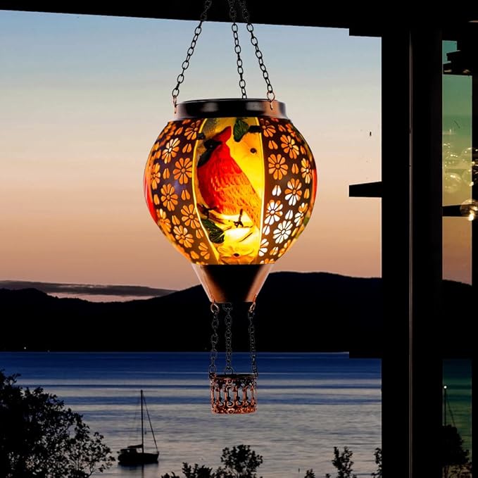 DREAMSOUL Cardinal Hot Air Balloon Solar Lantern Metal Solar Lantern with Flickering Flame Solar Lanterns Outdoor Waterproof for Lawn Patio Decor