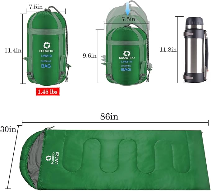 ECOOPRO Warm Weather Sleeping Bag - Portable Waterproof Compact Lightweight Comfort with Compression Sack - Great for Outdoor Camping Backpacking &amp Hiking-83 L x 30 W Fits Adults
