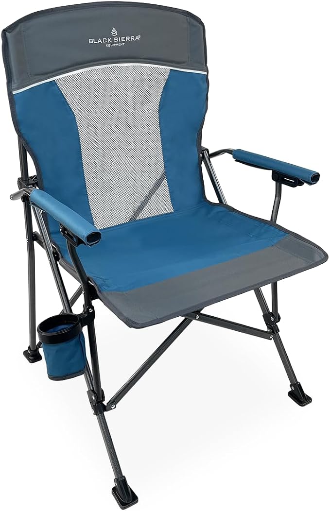 Black Sierra Camping Chair – Folding Portable Lawn &amp Beach Chair with Padded Hard Armrest Mesh Vented Back Spacious Cup Holder Carry Bag – Supports 300 lbs for Sports