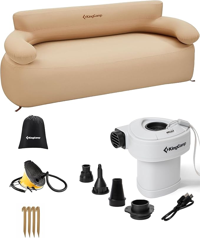 KingCamp Double Camping Inflatable Couch with Electric Air Pump 880LB Heavy Duty Outdoor Loveseat Air Sofa Reinforced Dual-Layer Rip-Resistant 2 Person Inflatable Sofa for Camping Backyard RV