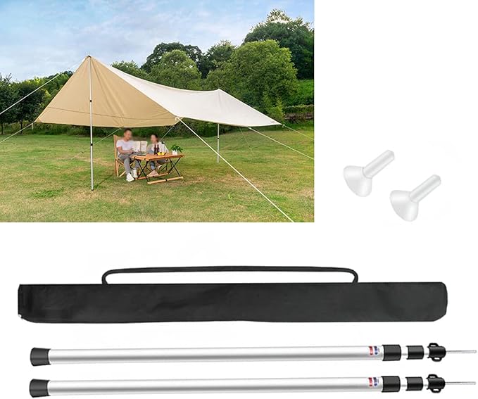 Set of 2 Waterproof Cloth Rod 230CM Telescopic Aluminium Tent Tarp Poles Portable Beach Shelter Tarp Awning Pole Adjustable Telescoping with Rubber Cap for Camping