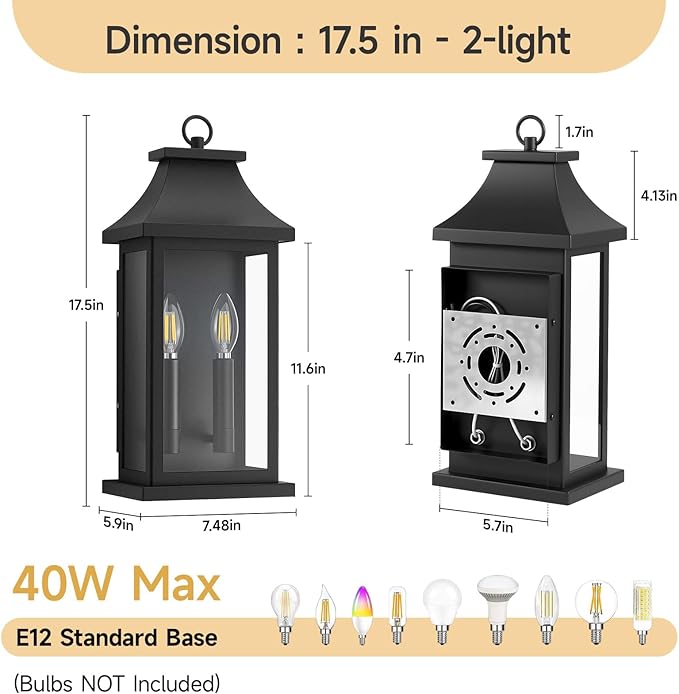 Large Outdoor Wall Lights Dusk to Dawn Outdoor Lighting Exterior Lighting Fixtures Wall Mount Wall Sconce Light Outdoor Lanterns for Porch Garage Black 18 2-Light 2-Pack