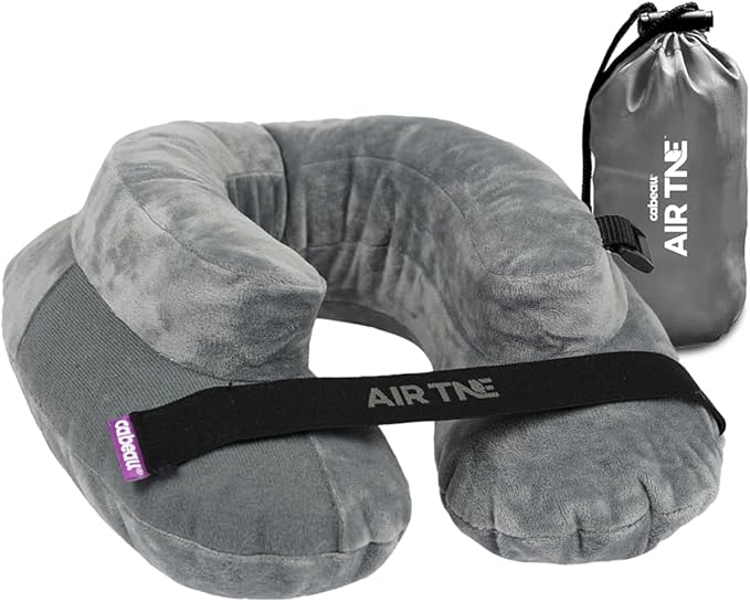 Cabeau Inflatable Travel Pillow – Air TNE – Adjustable Lightweight and Supportive for Sleeping on Airplanes Trains and Cars– Customized Fit and Compact Carrying Case (Slate Grey)