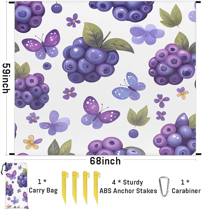 Waterproof Sandproof Beach Blanket 59''×68'' Fruit Blueberries Polyester Outdoor Picnic Blanket with 4 Stakes &amp Storage Bag for BeachCampingVacation White