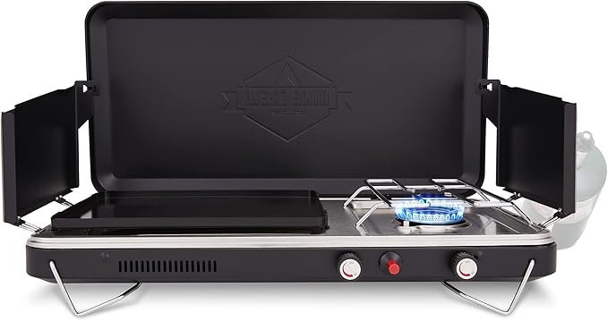Hike Crew 2-in-1 Gas Camping Stove and Griddle Portable Propane Burner w/Integrated Igniter &amp Stainless Drip Tray | Built-in Carrying Handle Foldable Legs &amp Wind Panels | Includes Regulator