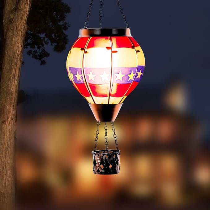 DREAMSOUL 2 PCS Flag Solar Hot Air Balloon Lantern with Flame Hanging Waterproof Solar Lanterns Outdoor Waterproof Flag Day for Patio Garden Decor Fourth of July Decorations
