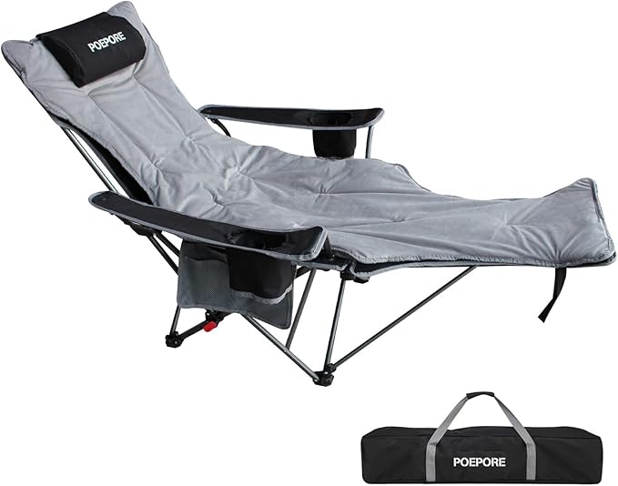 Reclining Camping Chair with Removable Footrest Lounge Chair with Headrest Cotton Cushion Portable Adjustable Folding Chairs