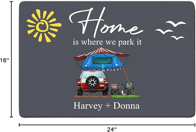 Personalized Home is Where We Park It Doormat Camping - Custom Family Name Camping Door Mat RV Accessories for Inside Outside Campsite Decorations for Travel Trailers Decorative Gift Motorhome Rugs