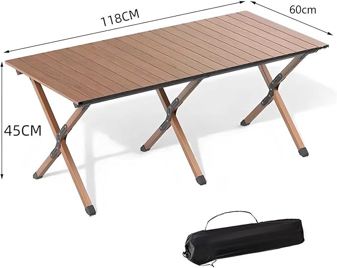 Portable Outdoor Camping Table Large for 2-6 Person Foldable Roll-up Metal Camp Table with Carry Bag for Picnic Camp Wood Color