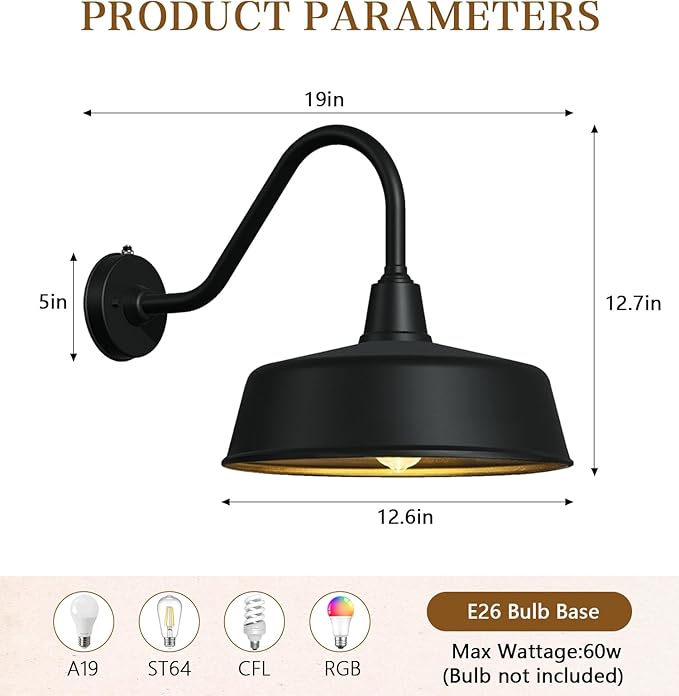 12.6 Inch Large Outdoor Gooseneck Barn Lights from Dusk to Dawn Classic Black Farmhouse Lights Waterproof and Rustproof Porch Lights for House Garden Garage Patio.