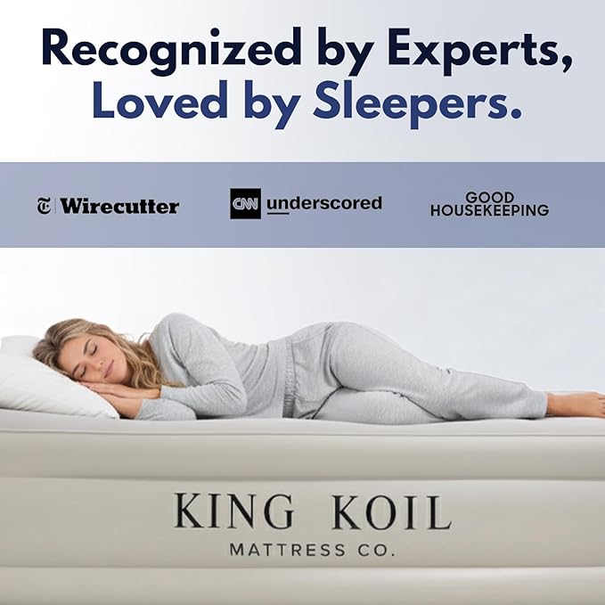 King Koil Luxury Air Mattress 20in Full Size Beige with Built-in Pump for Home Camping &amp Guests-Inflatable Airbed Luxury Double High Adjustable Blow Up Mattress Durable - Portable and Waterproof