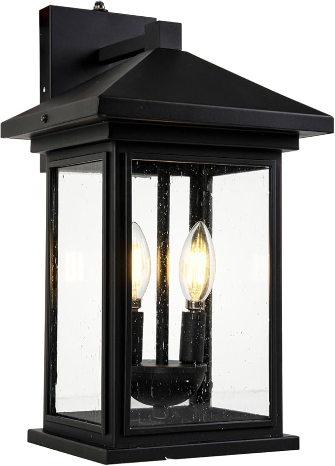 Dusk to Dawn Outdoor Wall Lantern Exterior Wall Sconce Fixture with Tempered Clear Seeded Glass Matte Black Finish for Outdoors (Large Wall Mount)