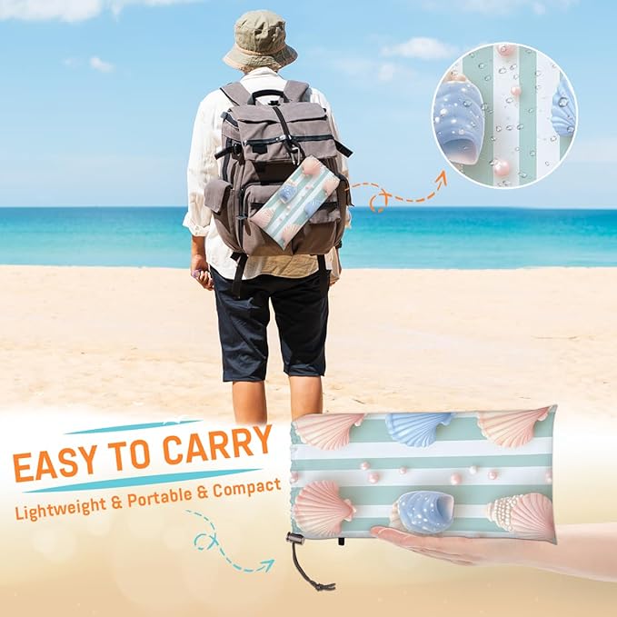 Waterproof Sandproof Beach Blanket 59''×68'' Ocean Scallop Decoration Polyester Outdoor Picnic Blanket with 4 Stakes &amp Storage Bag for BeachCampingVacation