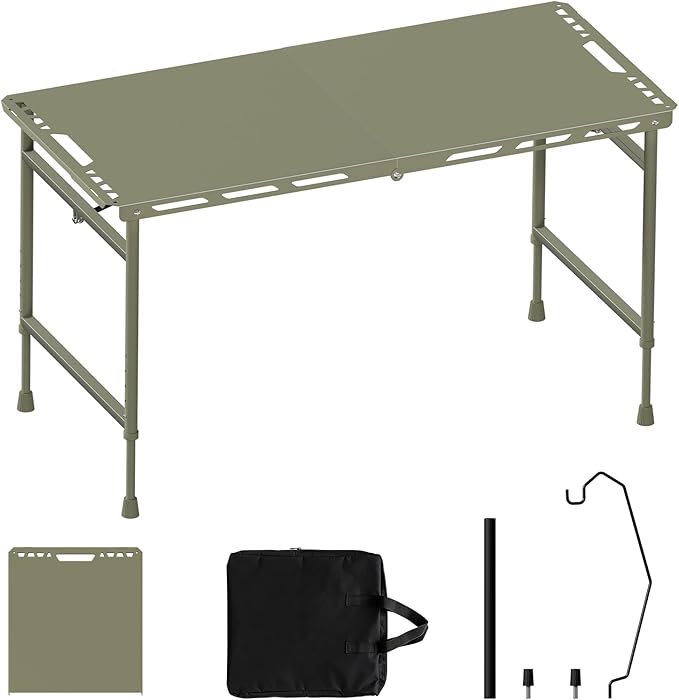 3.4 Ft Folding Camping Table - 12 lb Lightweight Portable Picnic Table with Adjustable Height &amp Carry Handle - Large Folding Table for Outdoor BBQ Beach Hiking &amp Home (Green)